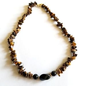 Vintage necklace tiger eye beaded gold tone hand crafted gemstone stone
